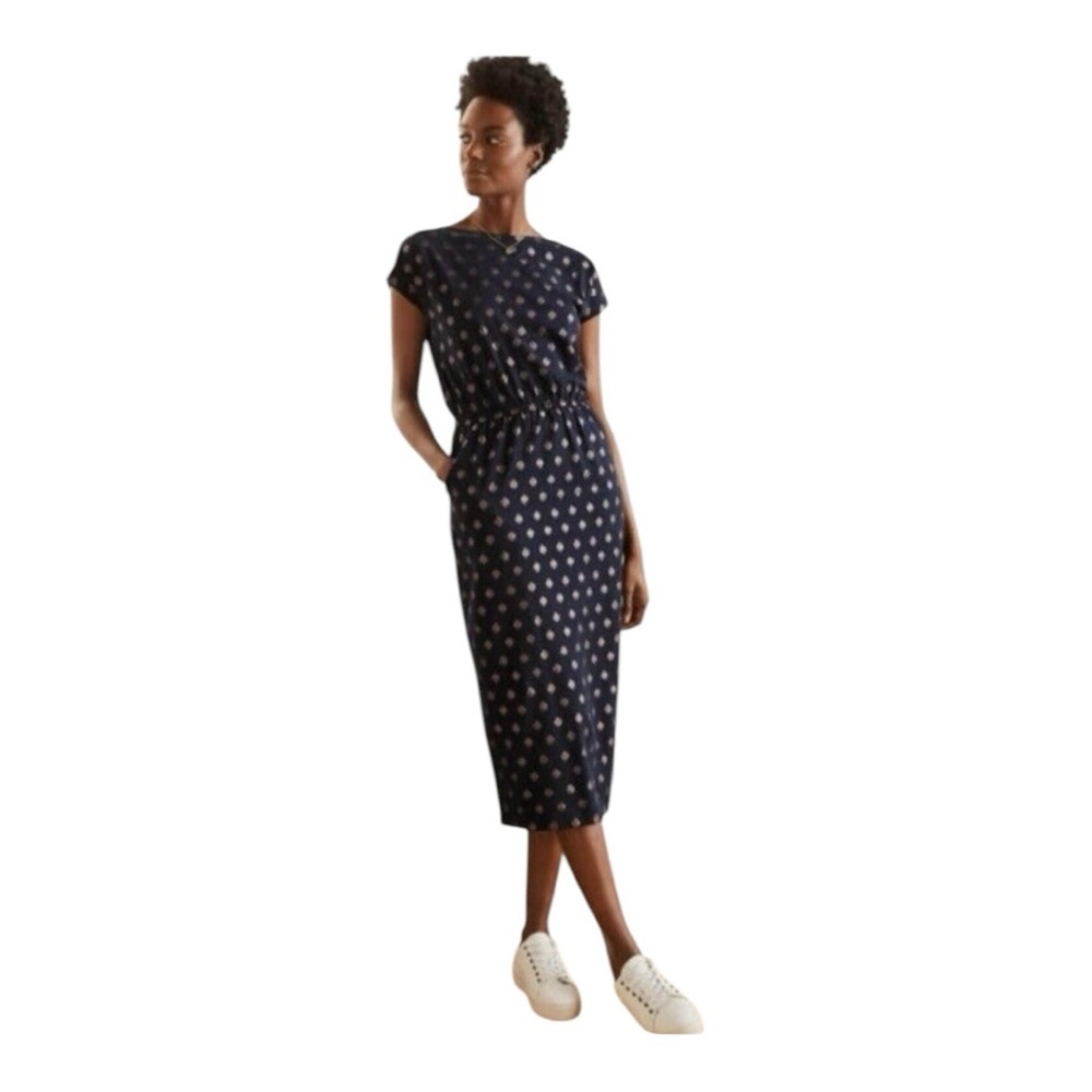 Boden Midi T-Shirt Dress Pockets Odile Jersey French Navy Palm Tile Foil sz 12p - Picture 1 of 13